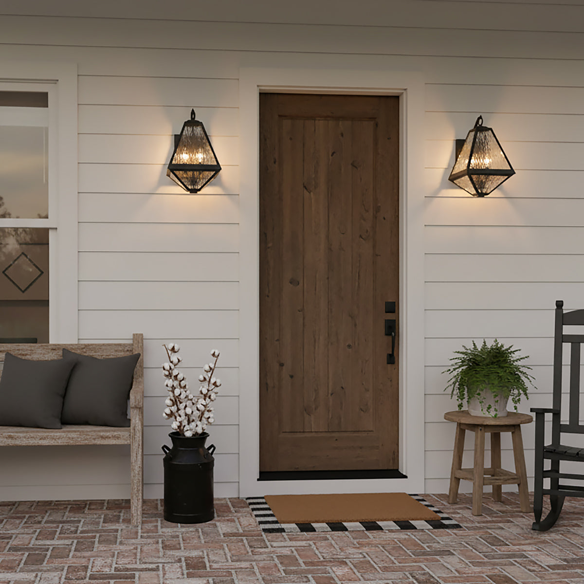 Emmett Outdoor Wall Light, Medium 17" Black Charcoal - Two black and charcoal outdoor wall lights flanking a wooden door.