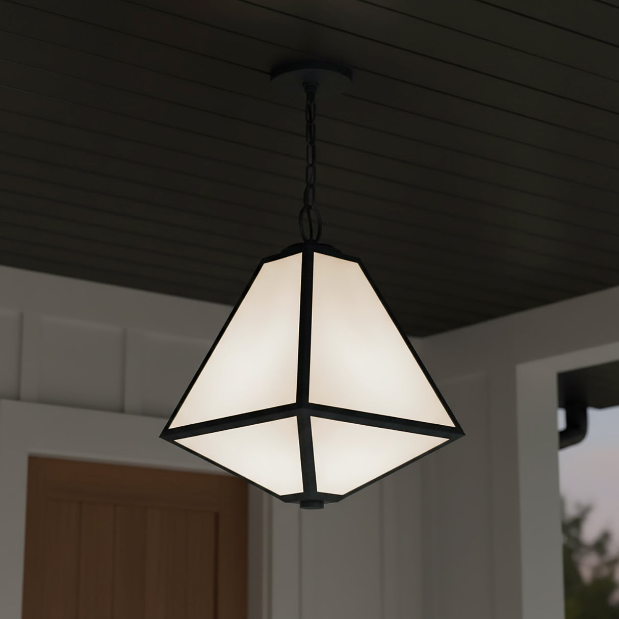 Emmett Outdoor Hanging Light, Black Charcoal and Opal Glass for Modern Farmhouse home with White Board and Batten