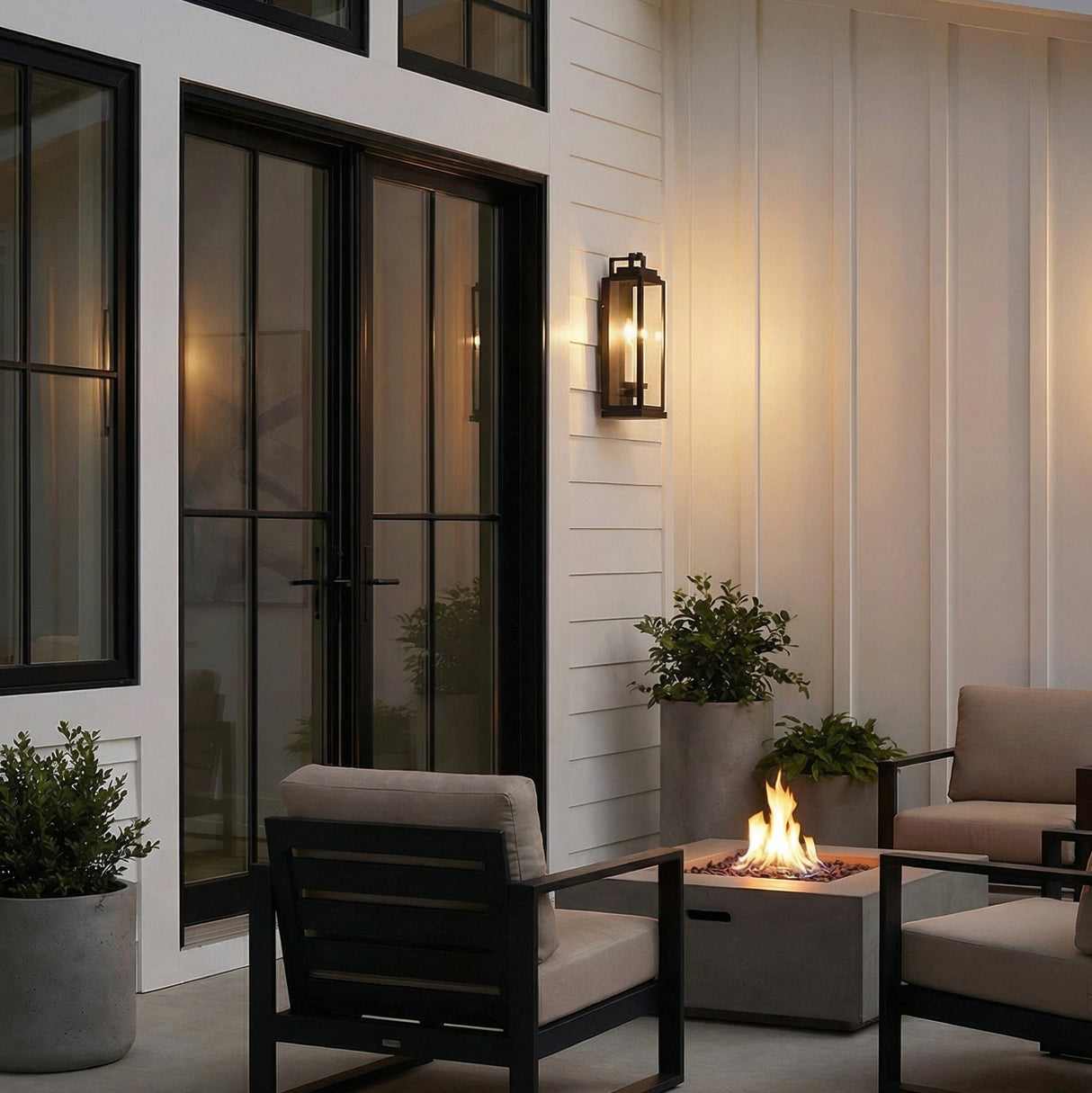 Easton Outdoor Wall Light, Medium 19" Black geometric Outdoor Wall Light in a Modern Farmhouse Outdoor with a concrete fire pit.