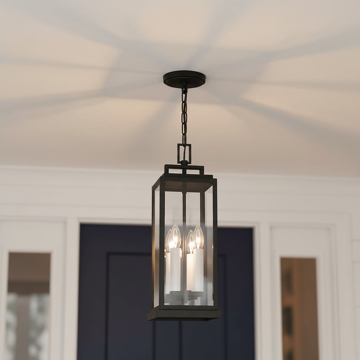 Easton Outdoor Hanging Light, Black for Modern Farmhouse home with White Siding