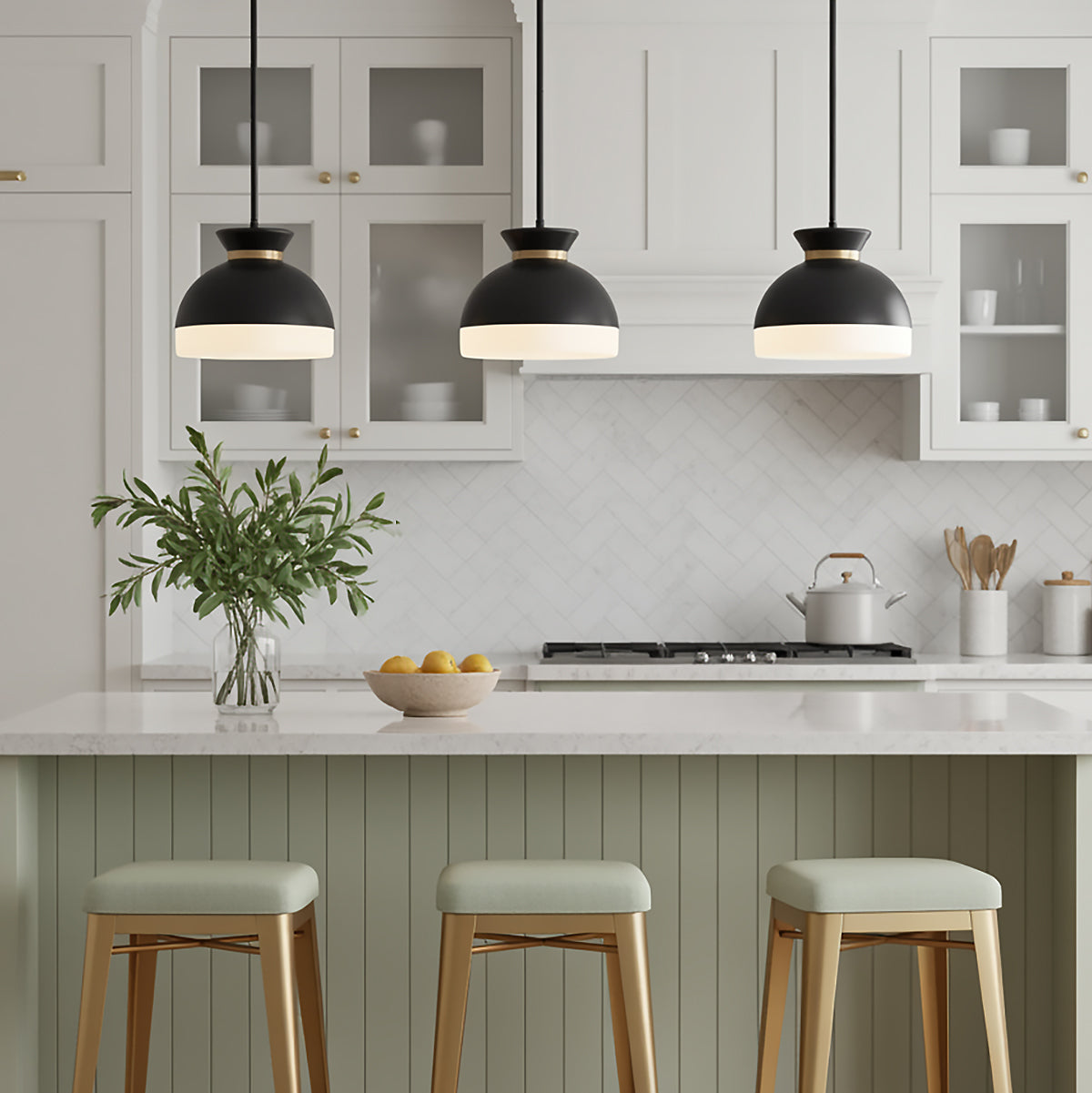 Elody Pendant 10, Matte Black and Brass for Modern Farmhouse home with White Cabinetry
