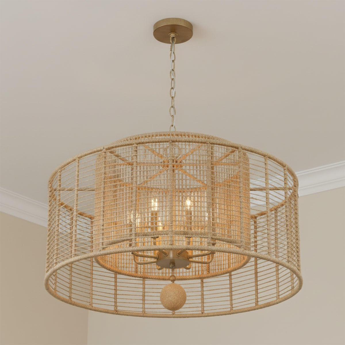 Sellah 8 Light Jute Woven Pendant, 31" wide, for Coastal home with Warm Beige Walls