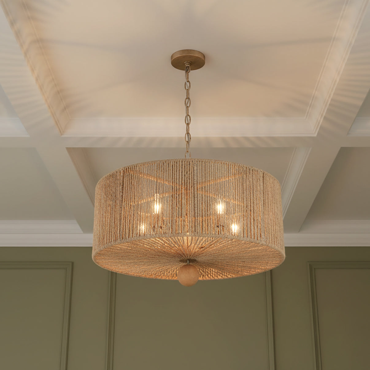 Selma 5 Light Pendant 24", Jute and Satin Sand for Transitional home with Sage Wood