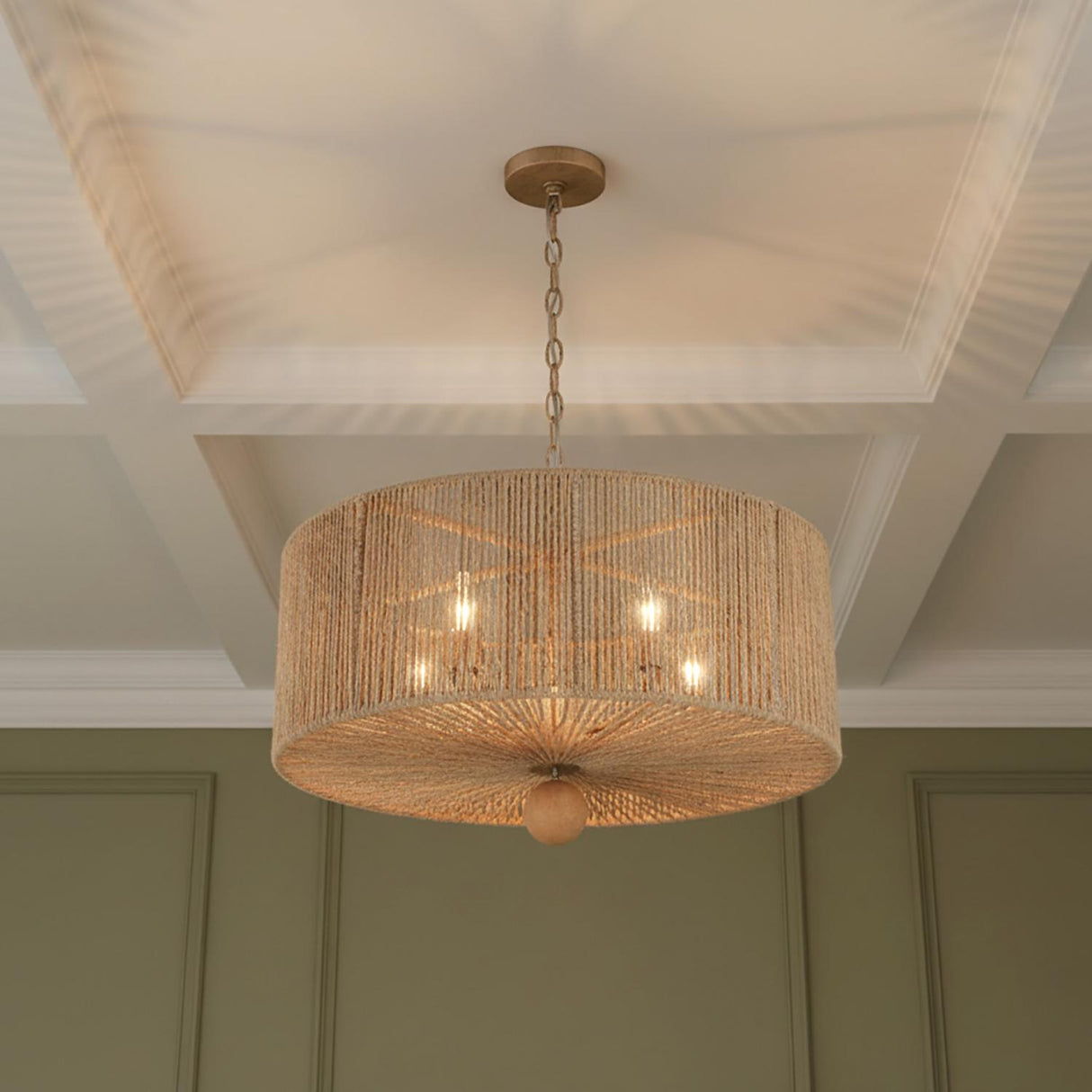 Selma 5 Light Pendant 24", Jute and Satin Sand for Transitional home with Sage Wood