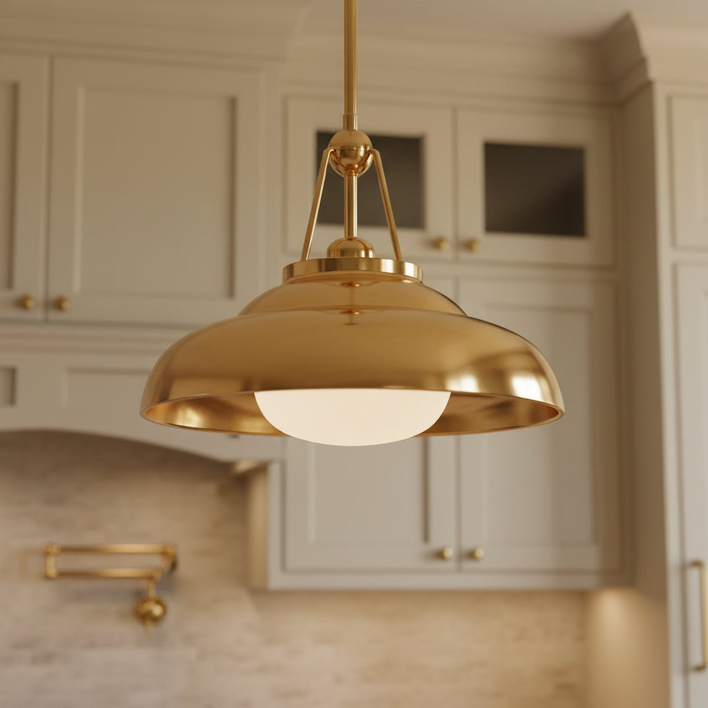 Neville Pendant 14, Polished Brass for Transitional home with Cream Cabinetry