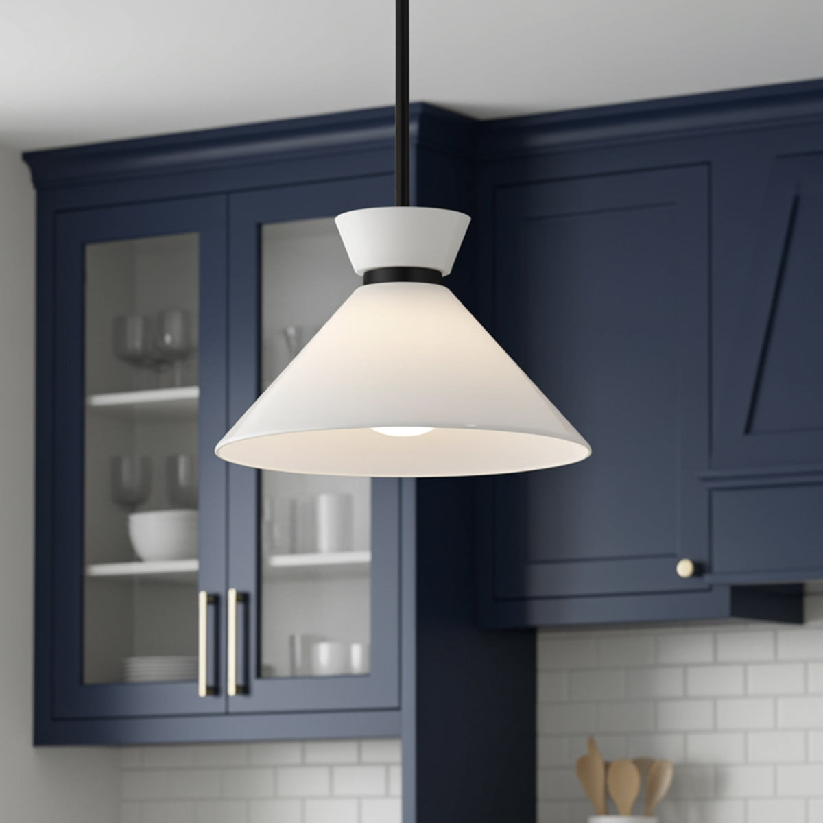 Cori Medium Pendant 14, Matte Black and Milk Glass for Modern Farmhouse home with Navy Siding