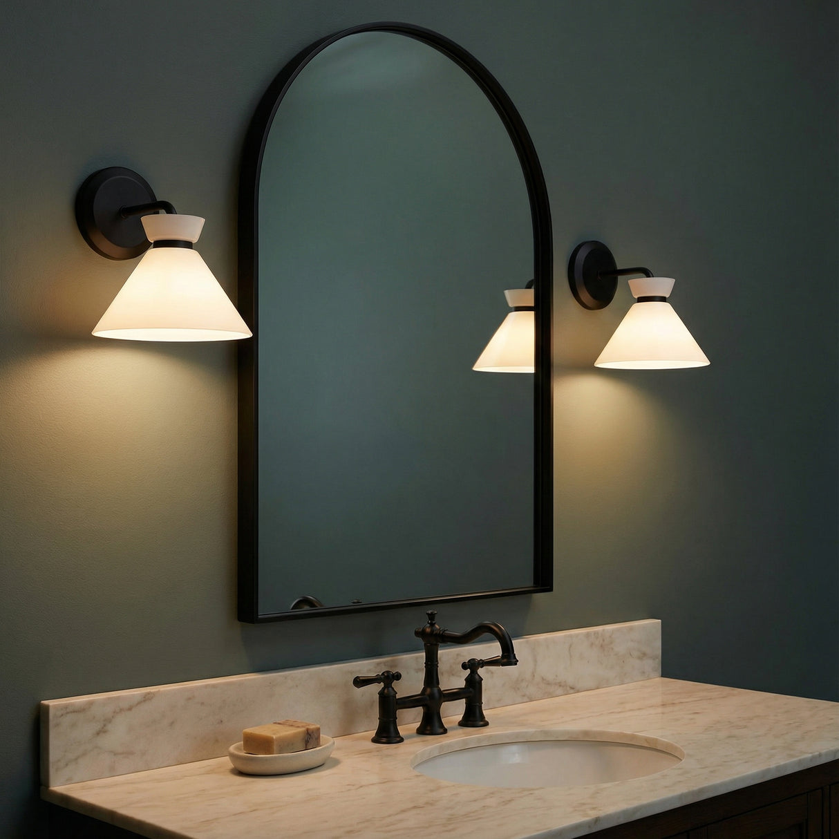 Cori Wall Sconce, Matte Black and Milk Glass for Modern Farmhouse home with Dark Green Walls