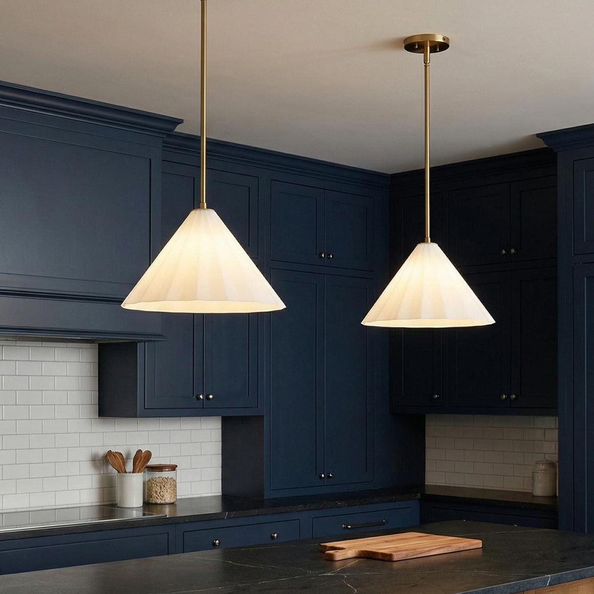 Reese Medium Pendant 14" Aged Brass and Opal Glass for Transitional home with Navy Wood