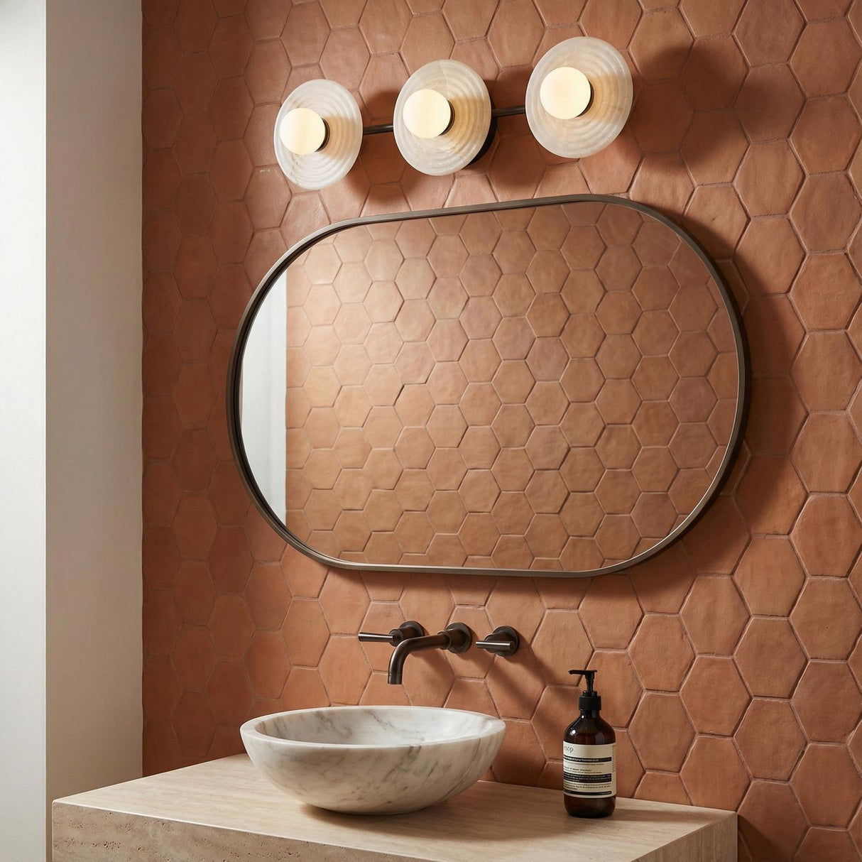 Bren 3 Light LED Vanity, Urban Bronze and Alabaster for Modern home with Terracotta Hexagonal Tile