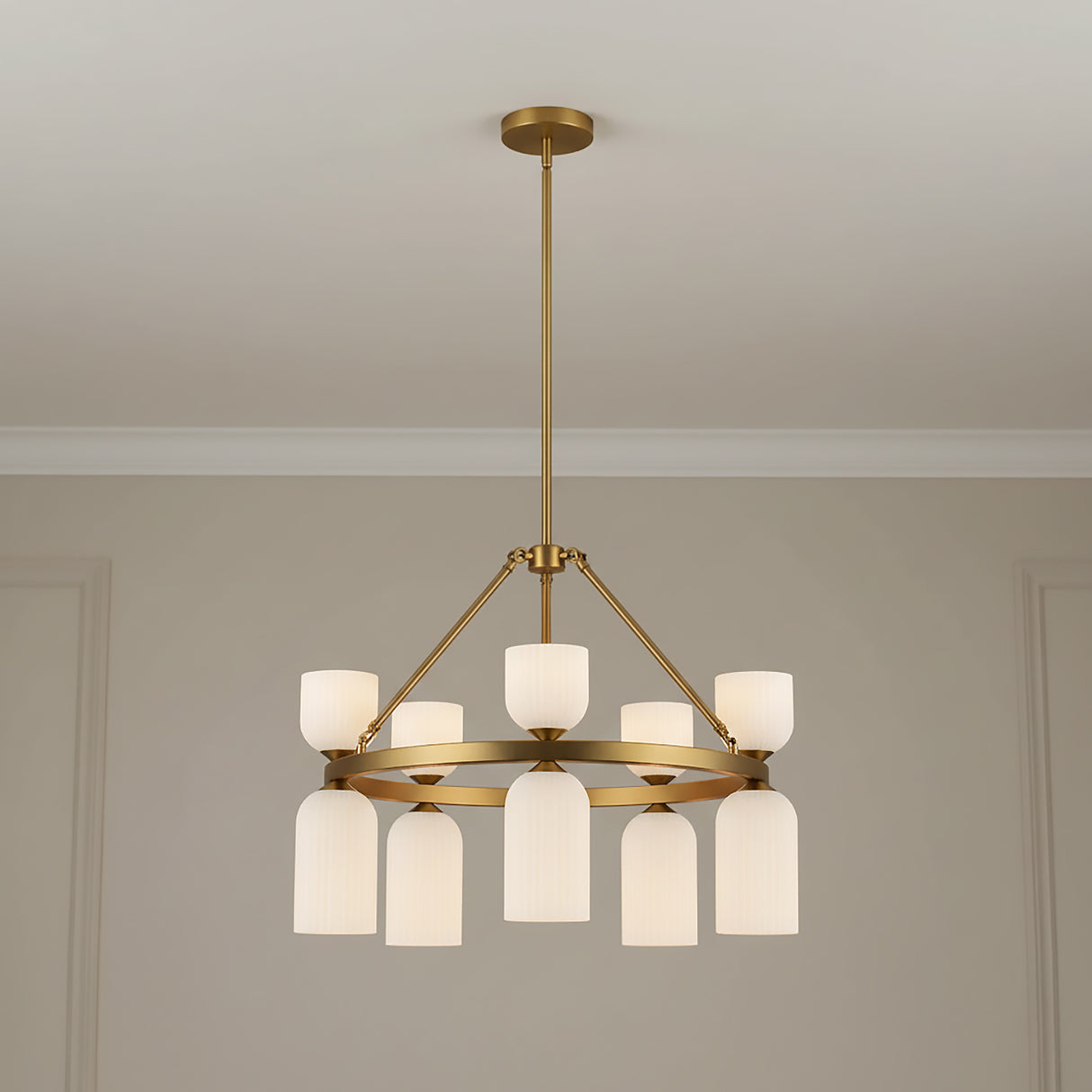 Elle Chandelier 26, Brushed Brass and Milk Glass for Modern home with Beige Walls