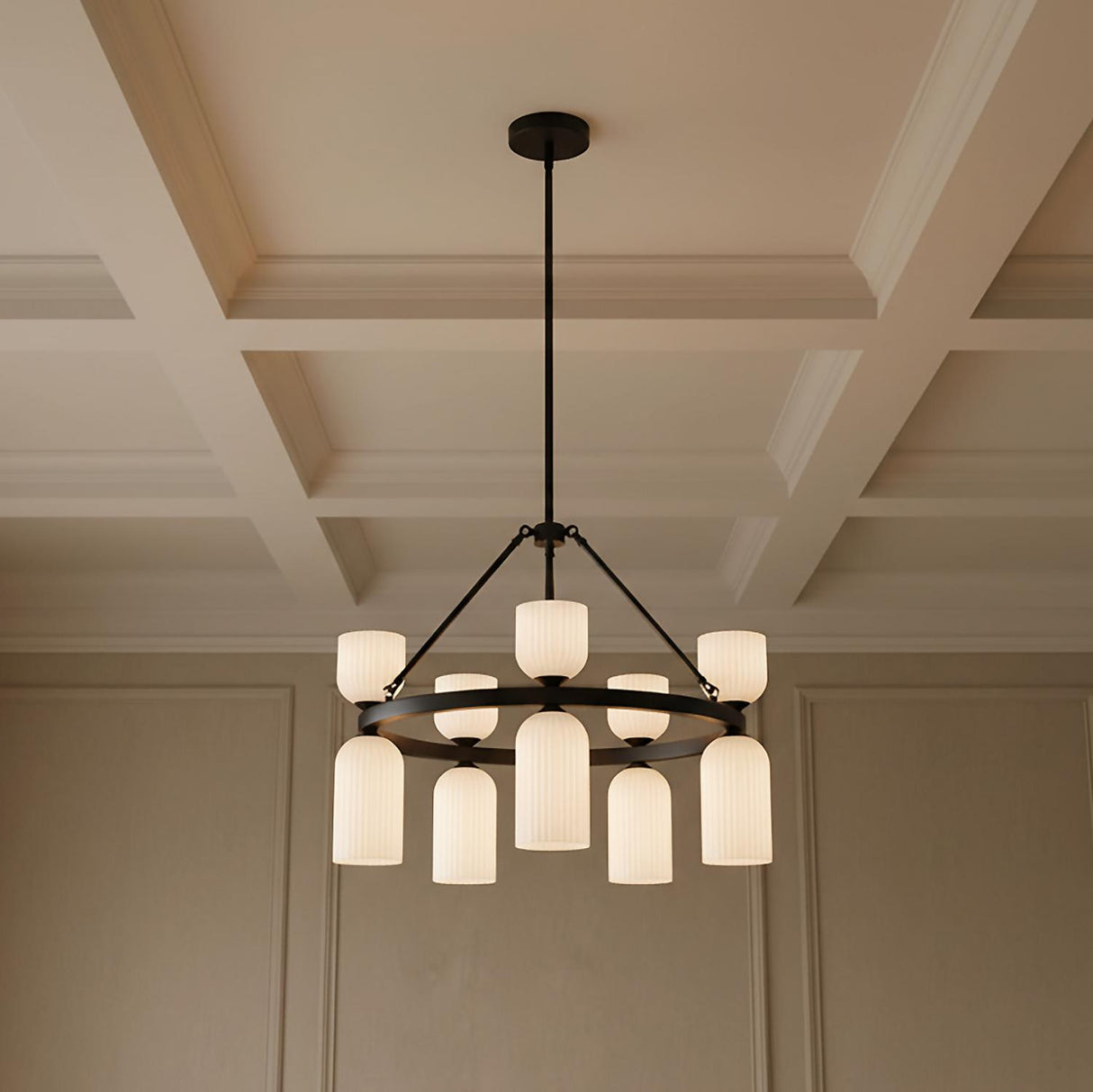Elle Chandelier 26", Matte Black and Milk Glass