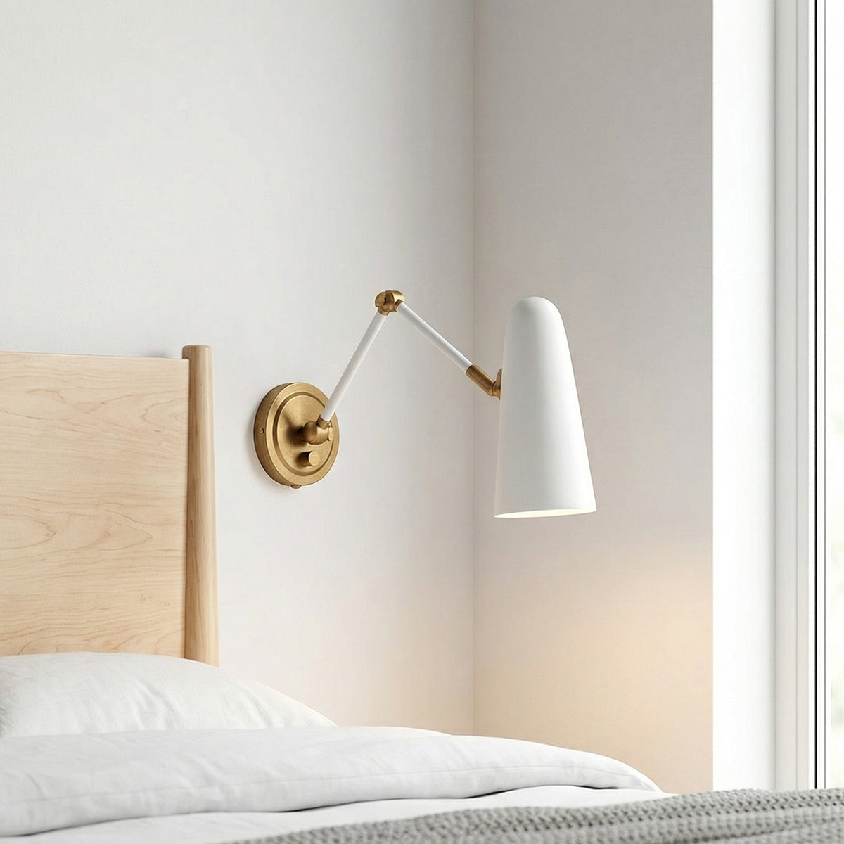 Roy Articulating Wall Sconce, White and Antique Brass for Modern home with White Walls