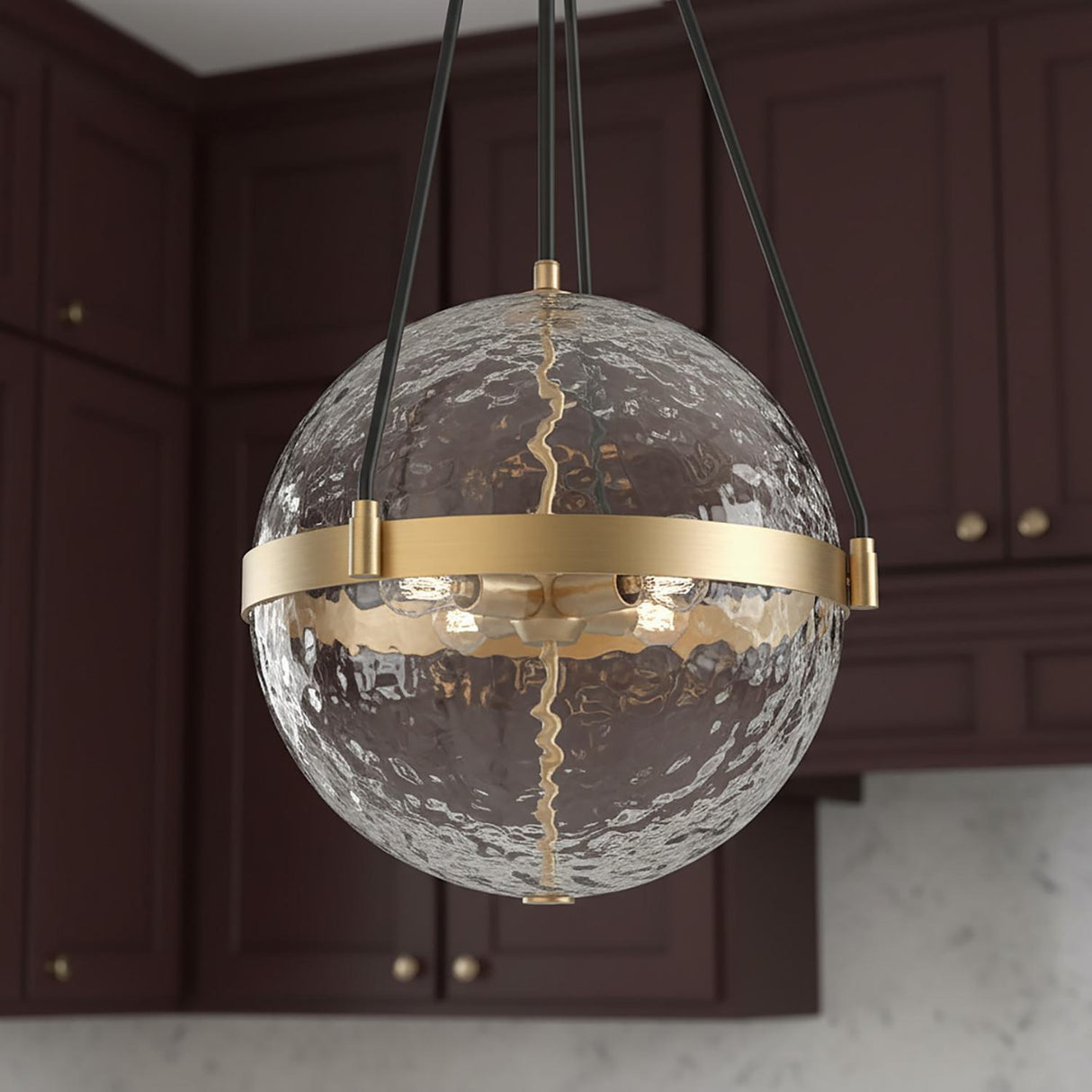 Darcy Large Pendant 18", Brushed Brass and Water Glass for Traditional home with Dark Brown Wood