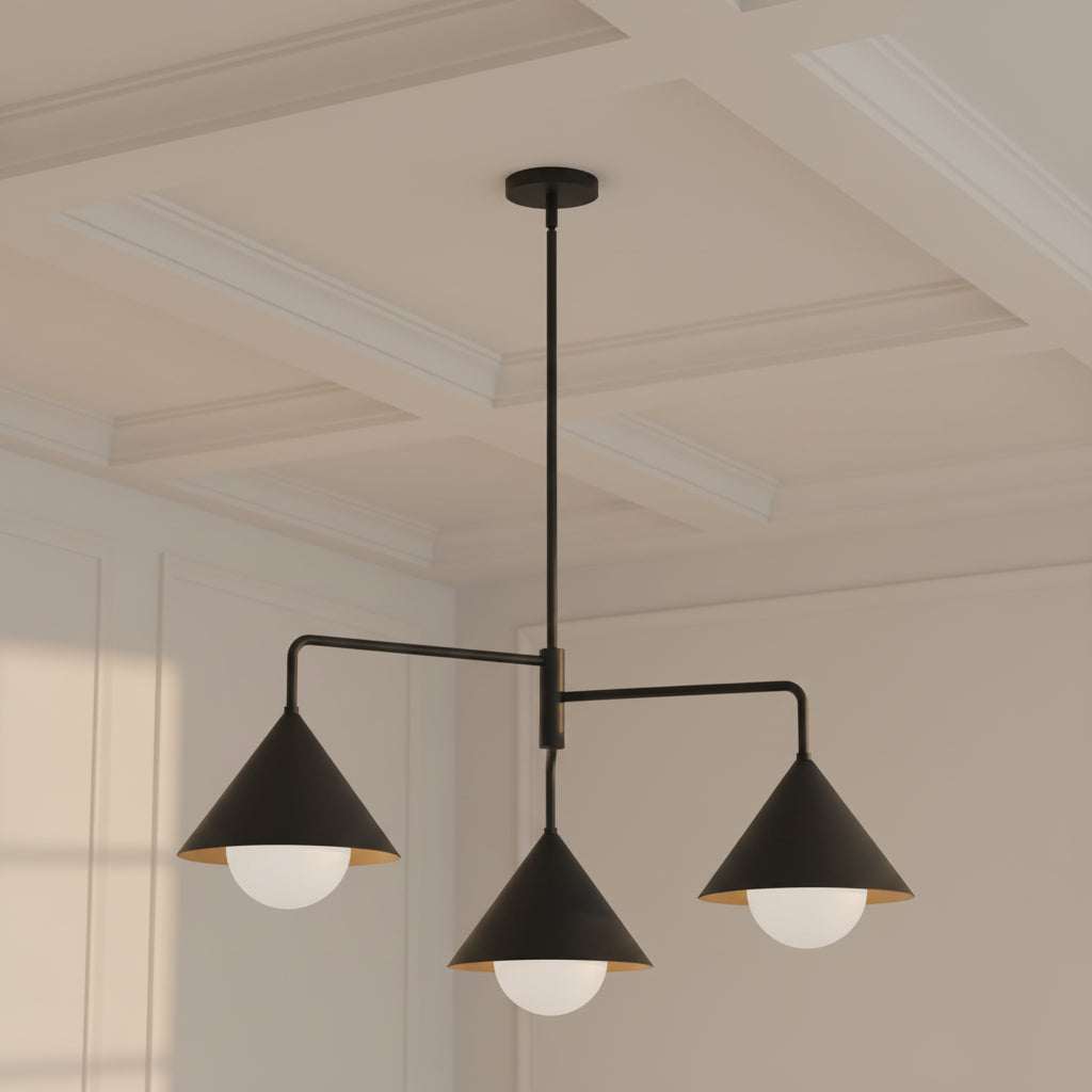 Juno Chandelier 38", Matte Black and Opal Glass for Modern home with White Panel Molding