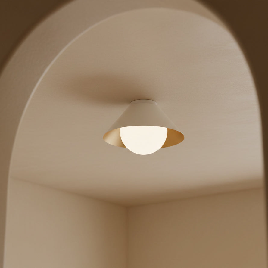 Juno Flush Mount 14", White and Opal Glass globe flush mount in a Contemporary Entryway with an arched hallway.