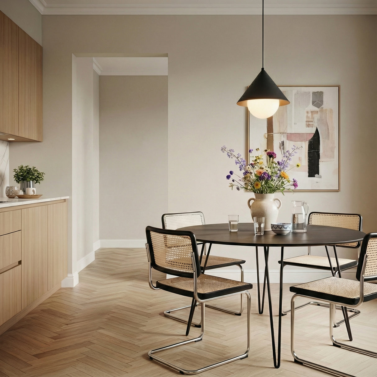 Juno Pendant 14, Matte Black and Opal Glass, in a contemporary dining room with light wood cabinetry and herringbone flooring.