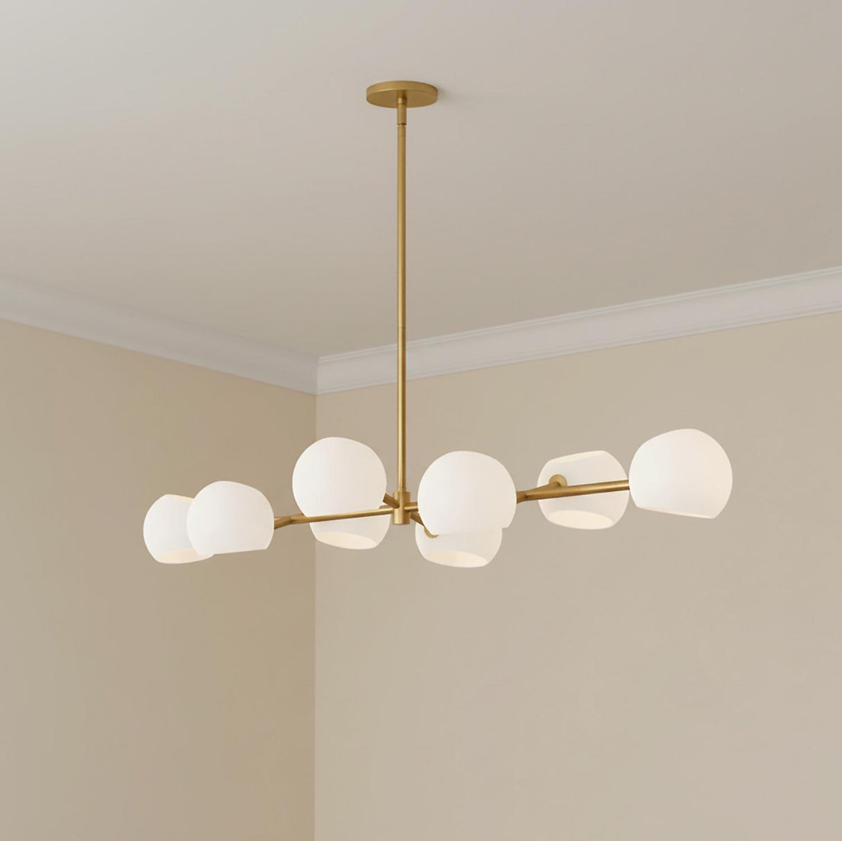 Flynn 8 Light Linear Chandelier 48", Brushed Brass with Opal Glass