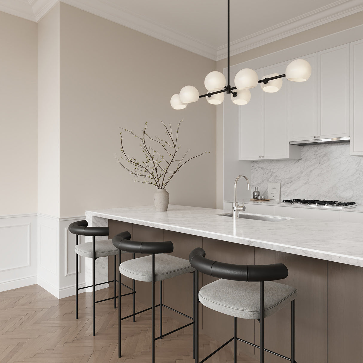 Flynn 8 Light Linear Chandelier 48", Matte Black with Opal Glass