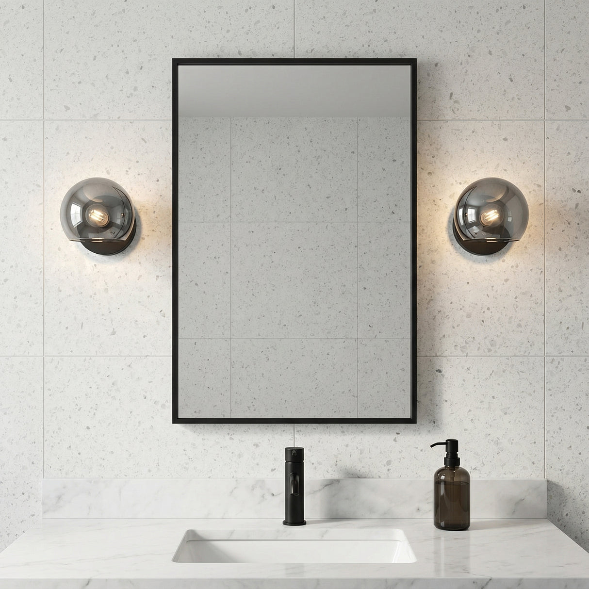 Flynn 1 Light Wall Sconce, Matte Black with Mirrored Smoke Glass for Modern home with White Tile
