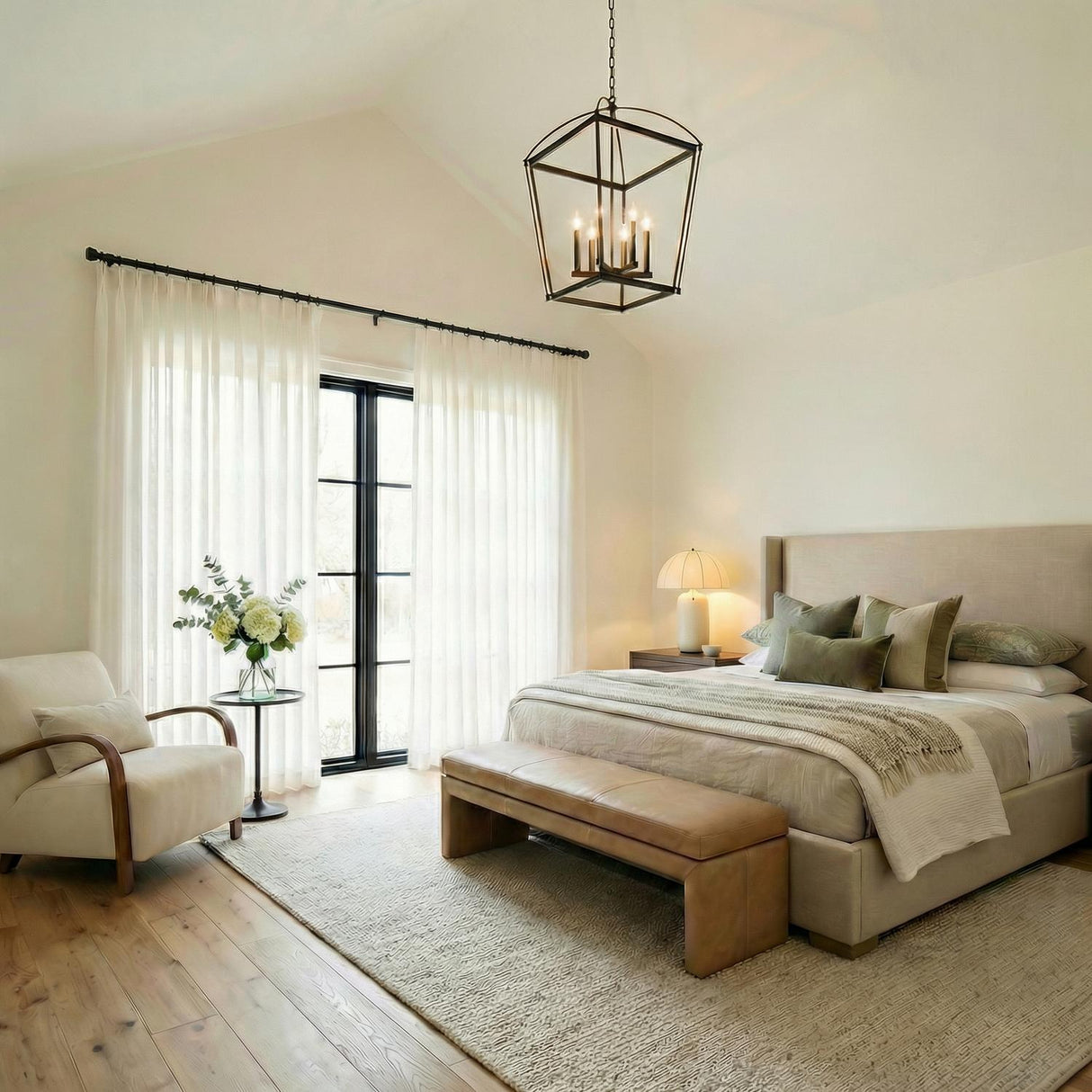 Pierce Large Lantern Pendant 24", Urban Bronze geometric lantern pendant in a Modern Farmhouse Bedroom with a leather bench.