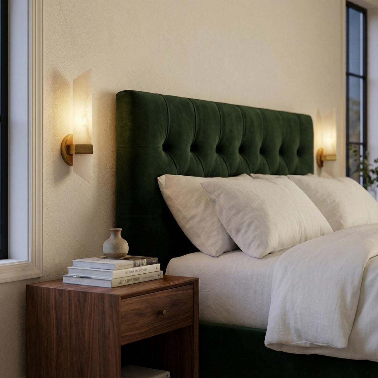 Gracy 2 Light Wall Sconce, Vintage Brass and Alabaster geometric wall sconce in a Modern Bedroom with a green velvet bed.