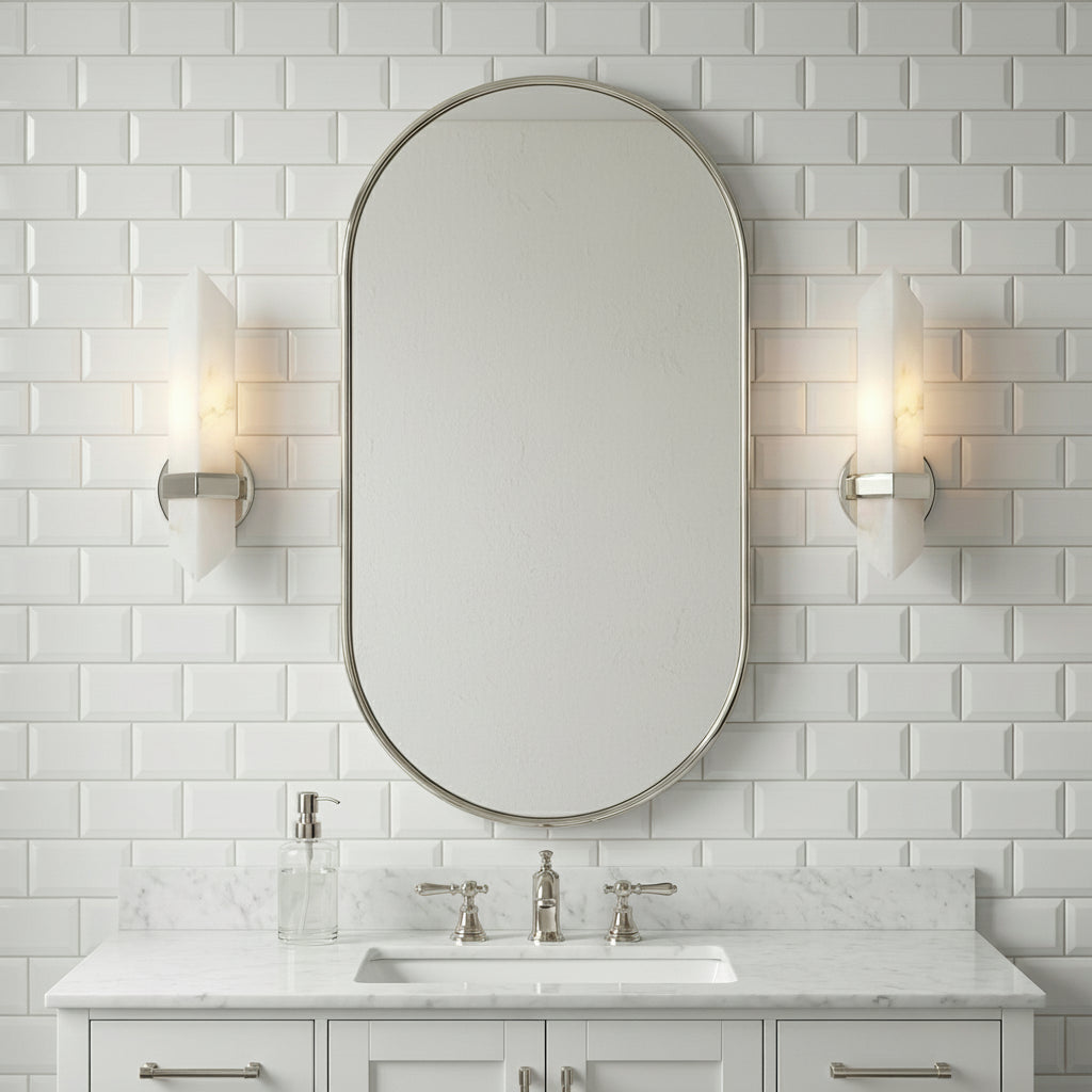 Gracy 1 Light Wall Sconce, Polished Nickel and Alabaster for Modern home with White Subway Tile