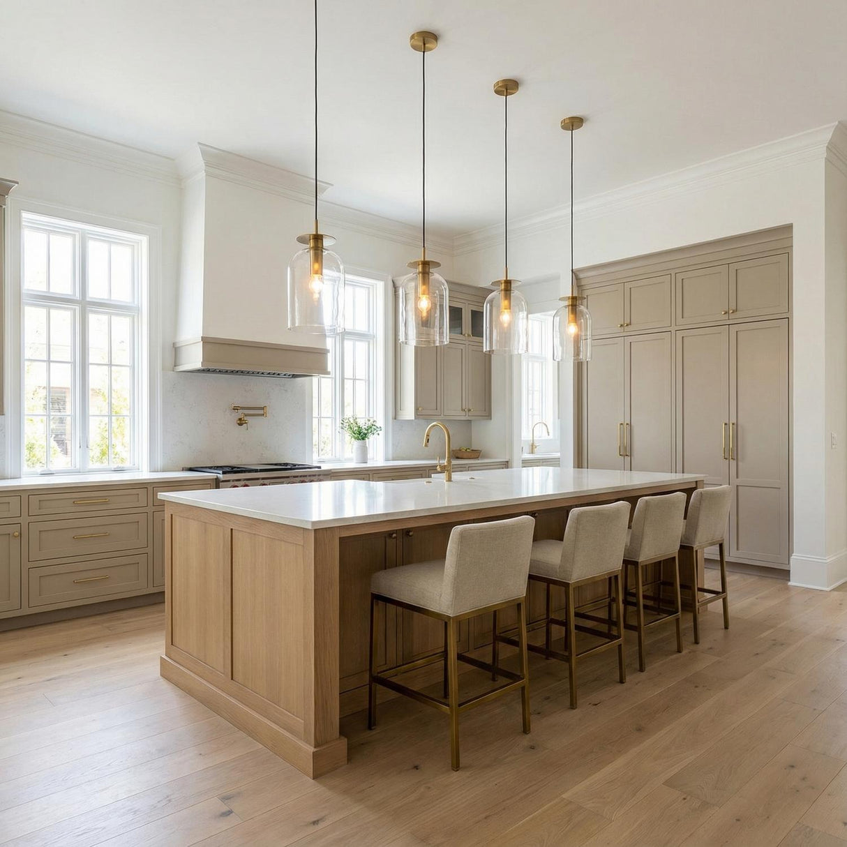 A transitional kitchen featuring four glass pendants with brushed brass accents over a large white marble island accompanied by taupe cabinetry and four upholstered bar stools.