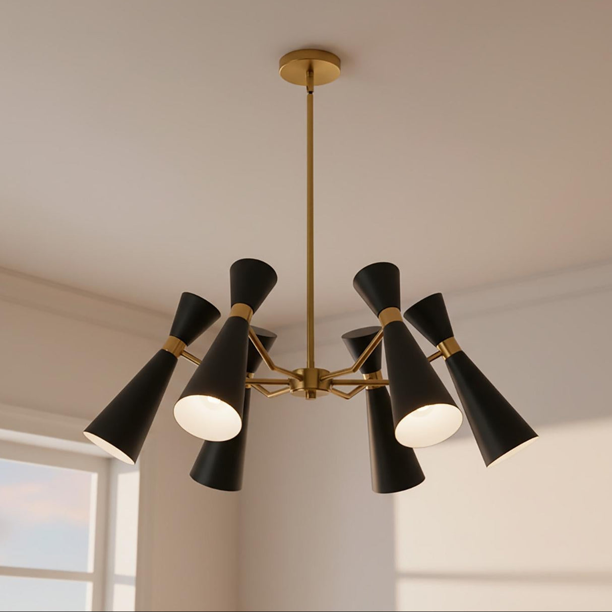 Aiden 6 Light Chandelier 32", Matte Black and Antique Brass