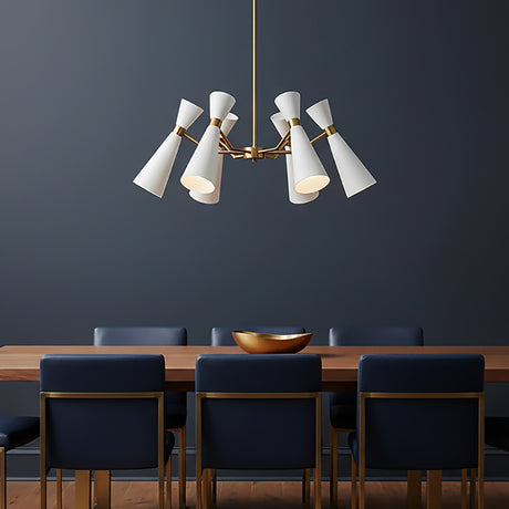 Aiden 6 Light Chandelier 32, White and Antique Brass - Chandelier over a dining table with blue chairs