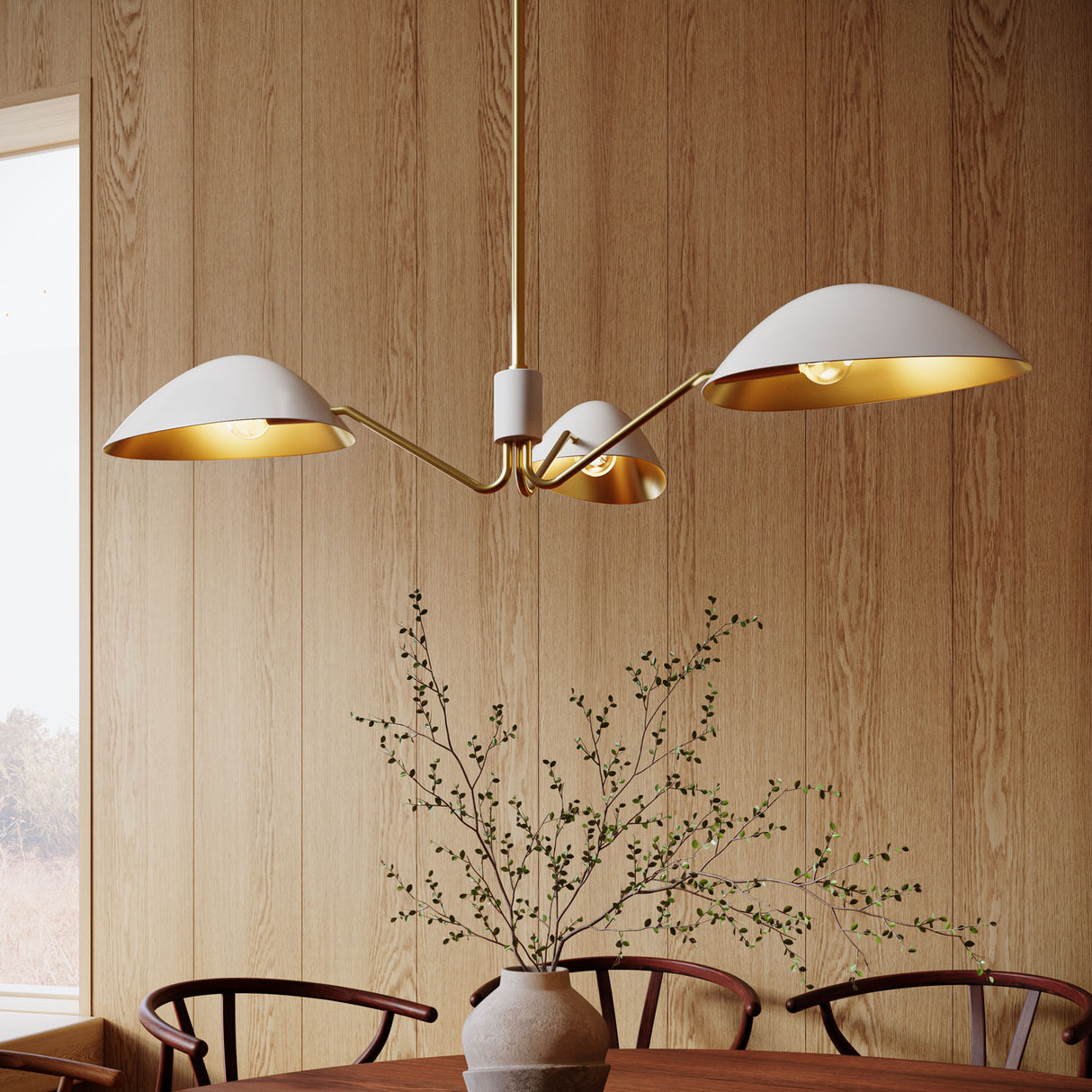 Jade 3 light MCM inspired chandelier in white and aged brass