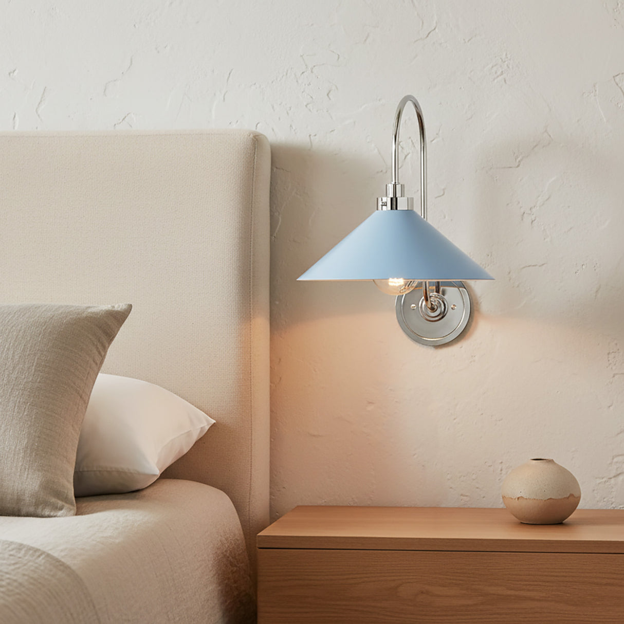 Alma Metal Wall Sconce 16", Sky Blue and Polished Nickel, shown as a bedside light in an organic modern bedroom.