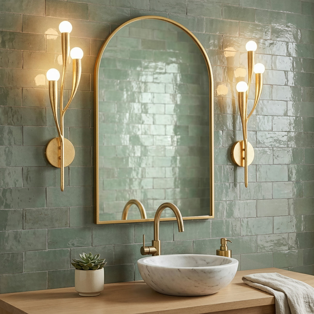 Anita Wall Sconce 24", Gold Leaf for Modern home with Green Tile