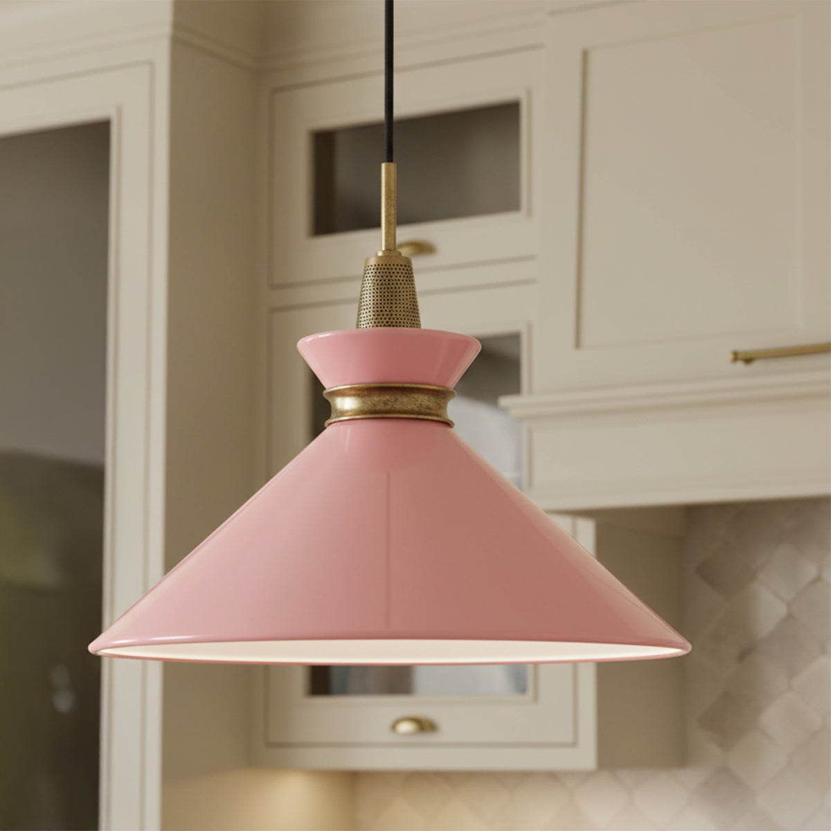 Sadie Large Pendant 18" Pink and Aged Brass for Modern Farmhouse home with Cream Cabinetry