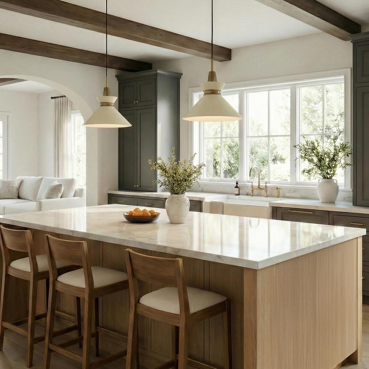 Sadie Medium Pendant 14", Cream and Aged Brass geometric pendant in a Modern Farmhouse Kitchen with a white marble island.