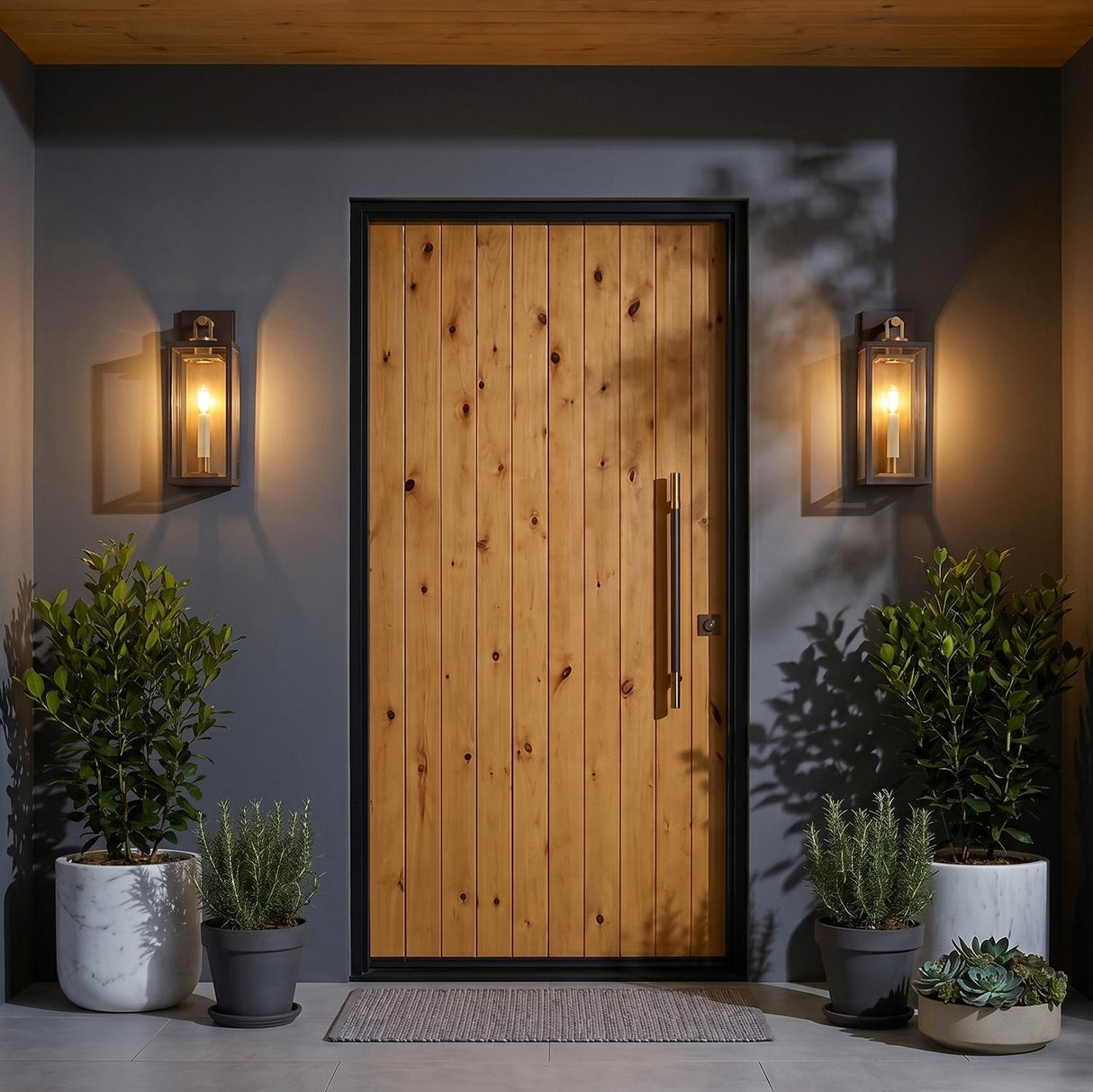 A modern entry featuring a light wood plank door flanked by bronze wall lanterns with vintage brass accents on smooth gray walls at night beside potted boxwoods.