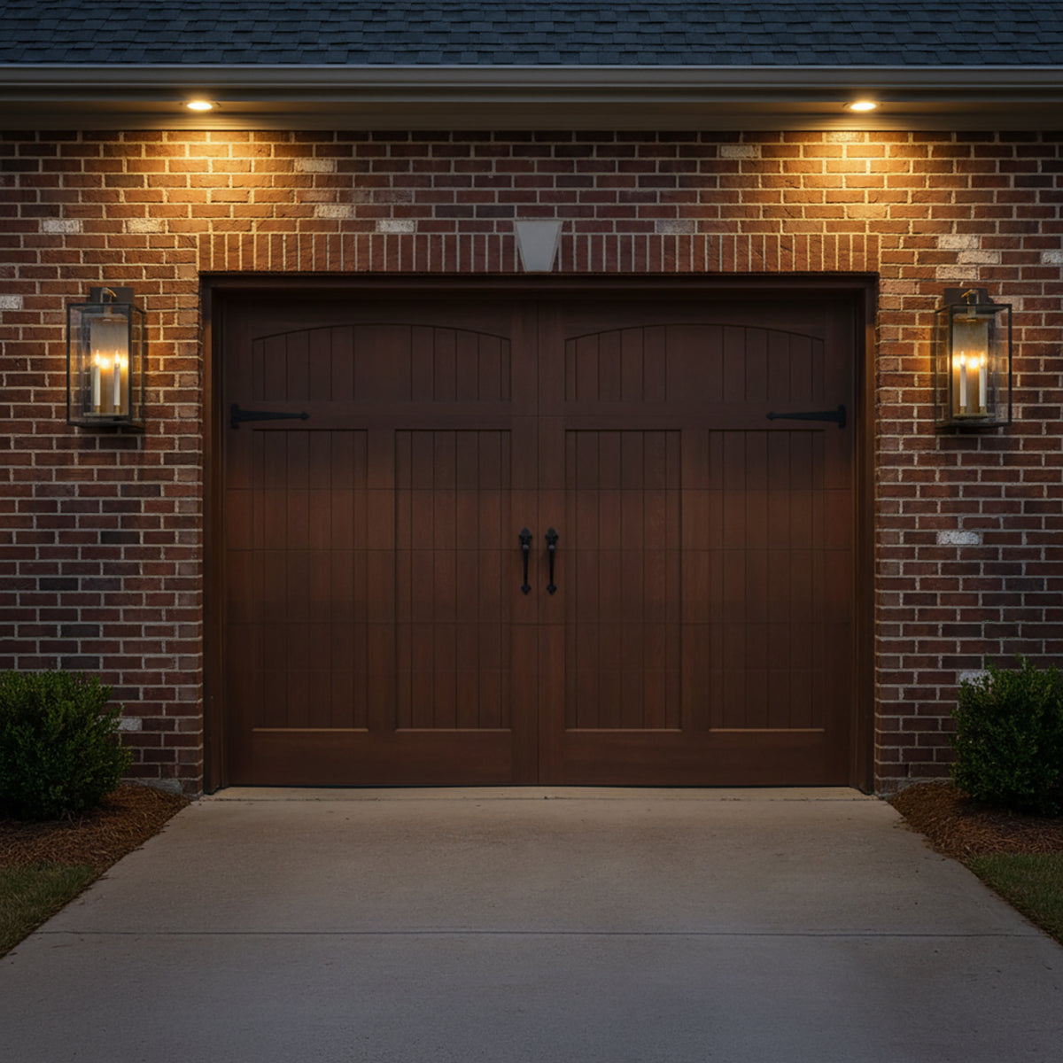 Orin Outdoor Wall Light, Large 24" Bronze with Vintage Brass Accents - Two rectangular outdoor wall lanterns with glass panels and visible candle-style lights flank a dark wood double garage door set in a brick wall, illuminated by upward-facing exterior lights.