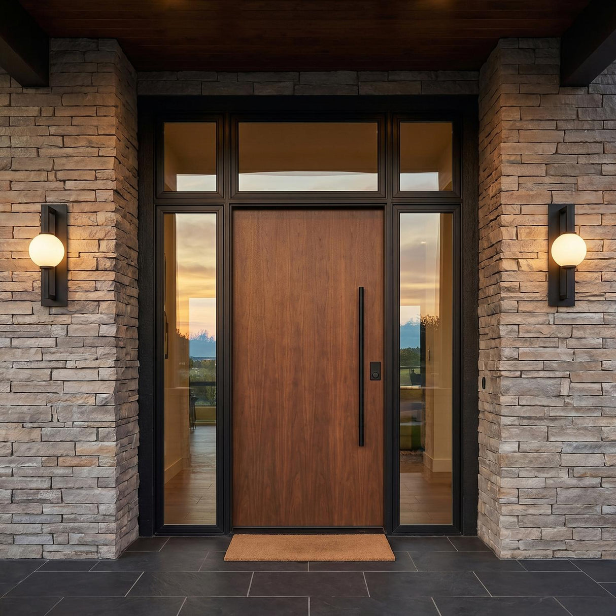 A modern home entry with two Gus Outdoor Wall Light, Large 24" Textured Black fixtures flanking a wood front door on stacked stone at dusk.