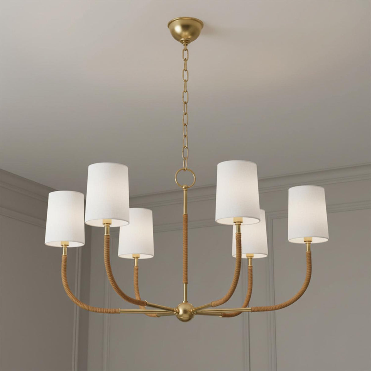 Iris 6 Light Chandelier 34", Aged Brass with Rattan