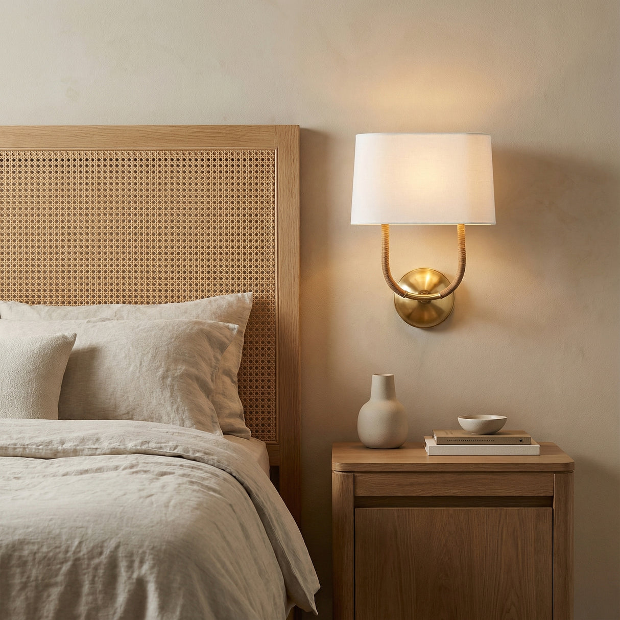 Iris Wall Sconce, Aged Brass with Rattan for Modern home with Beige Walls