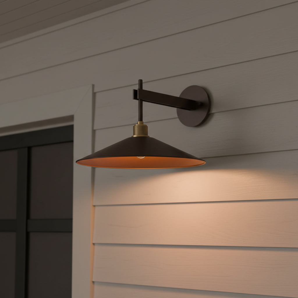 Emeri LED Outdoor Wall Light, Medium Bronze with Vintage Brass Accents for Modern Farmhouse home with White Siding