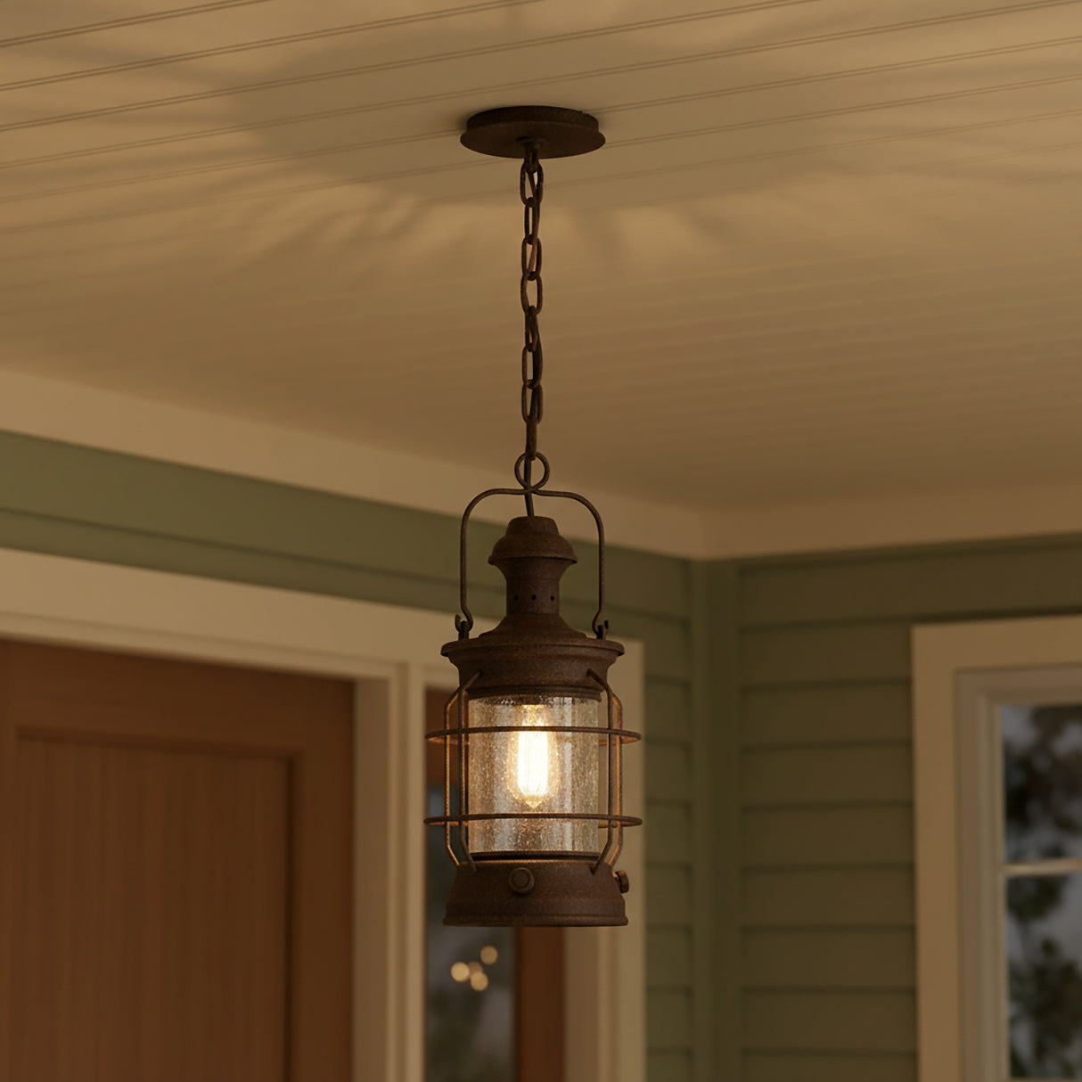 Edgar Outdoor Hanging Light, Bronze for Farmhouse home with Green Siding