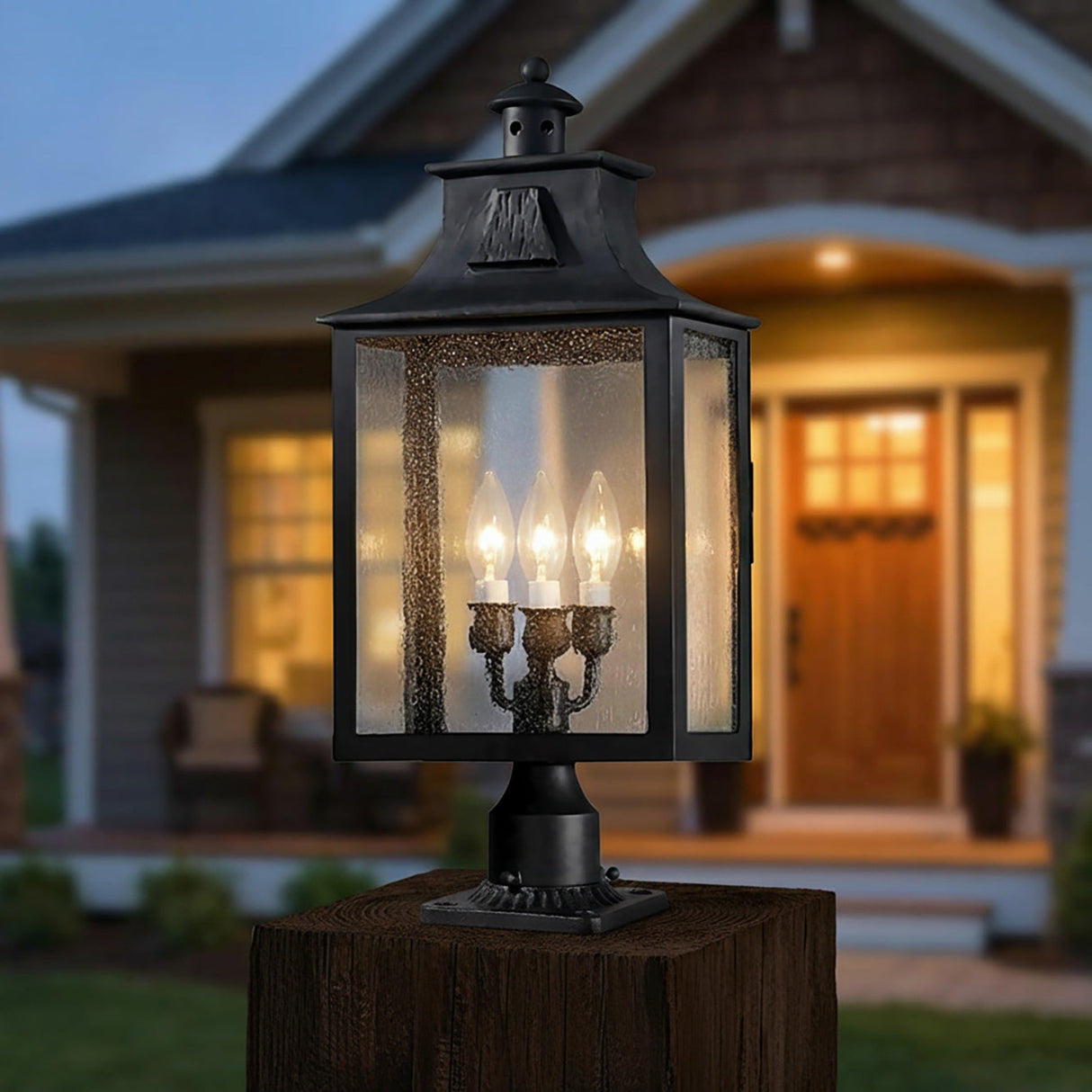 Bedford Outdoor Post Light, Large 24" Antique Black Iron for Modern Farmhouse home with Brown Wood