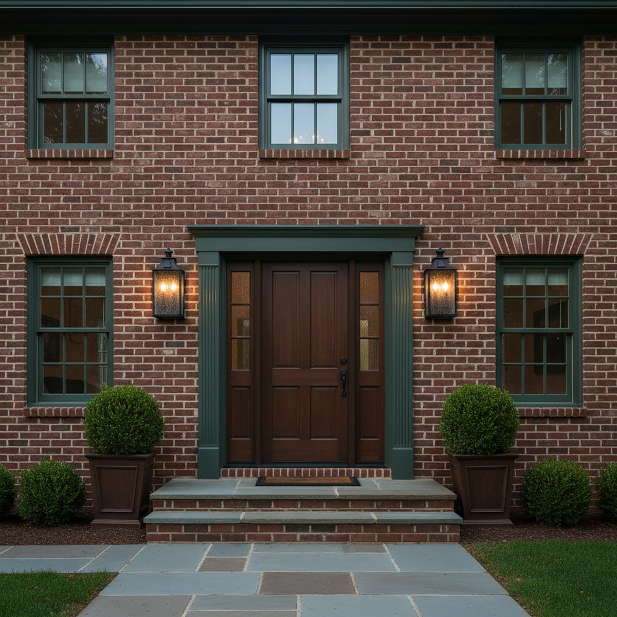 Bedford Outdoor Wall Light, Medium 21" Antique Black Iron - Two black lanterns illuminate the front door of a red brick house.