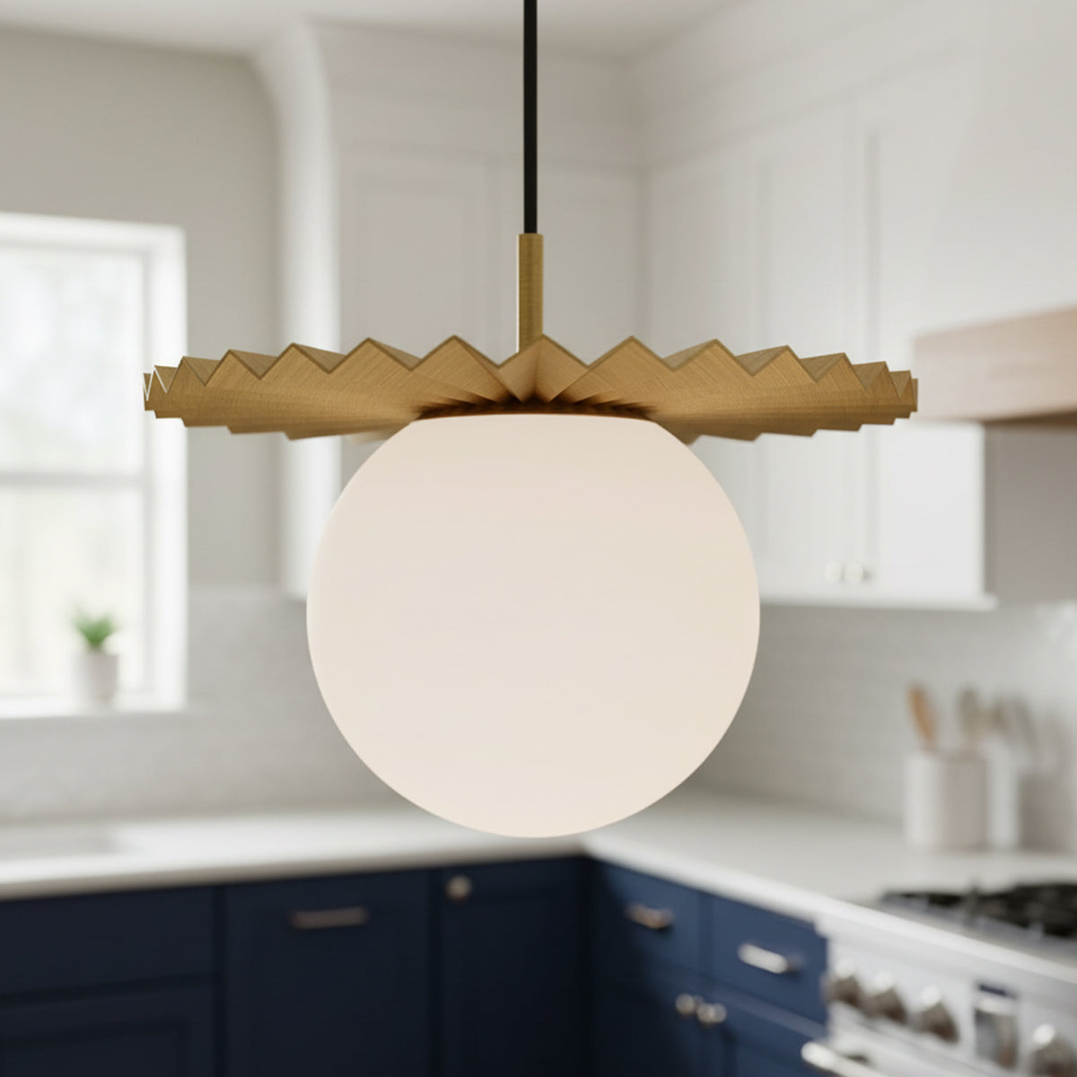 Lydia Pendant 14, Brushed Brass and Opal Glass for Modern home with White Siding