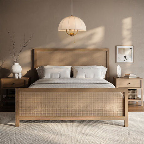 Trudy 4 Light Medium Pendant 18", Brushed Brass with Fabric Shade shown in an earthy boho bedroom with rattan furniture.