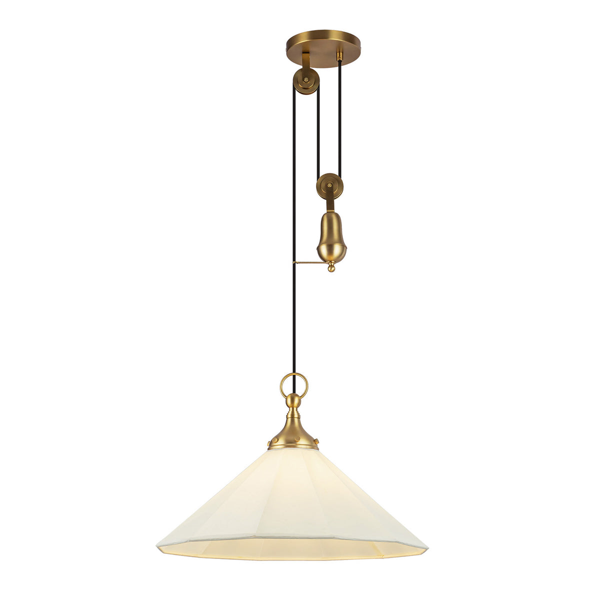 Adele Pendant with Pulley 20", Brushed Brass with Linen Shade