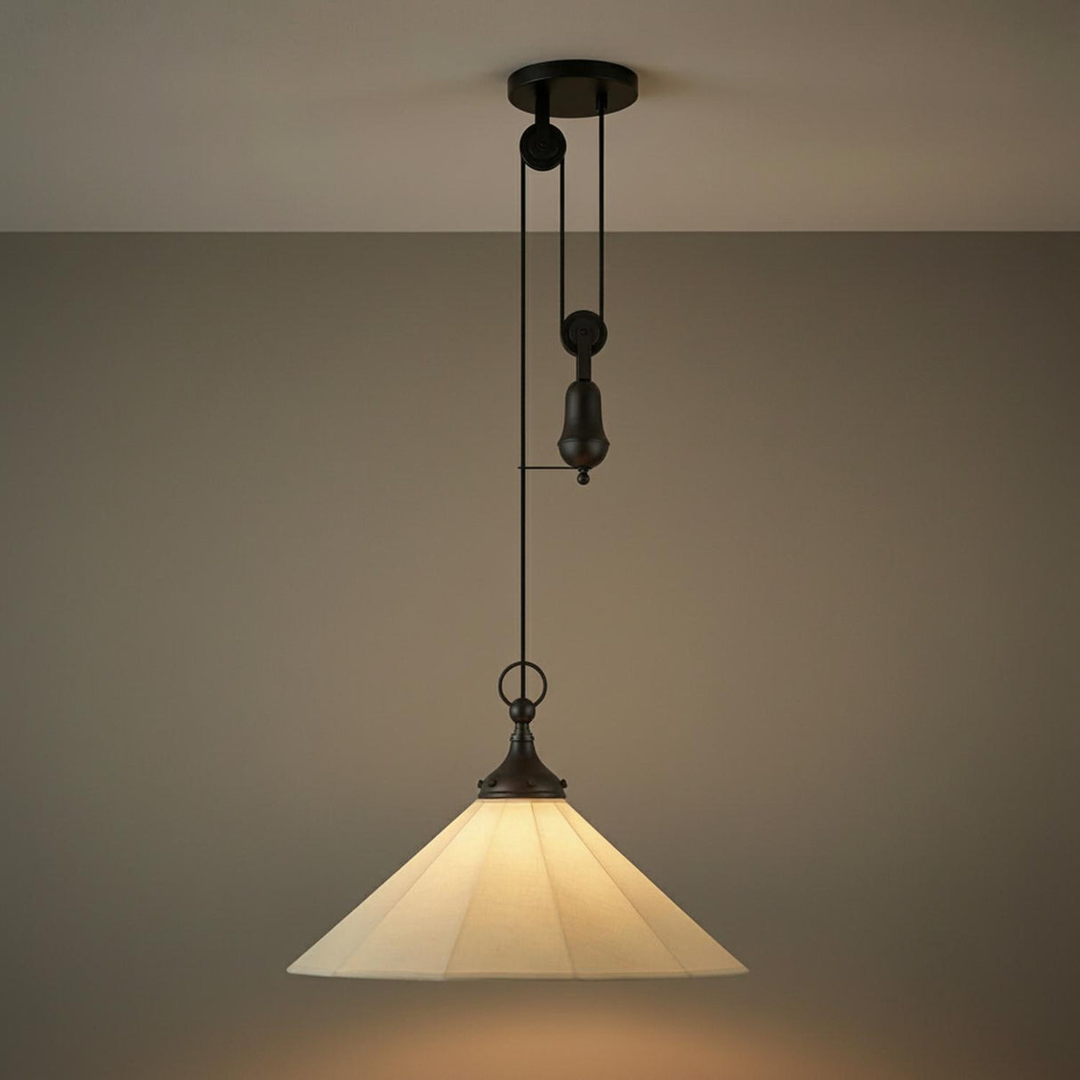 Adele Pendant with Pulley 20", Matte Black with Linen Shade