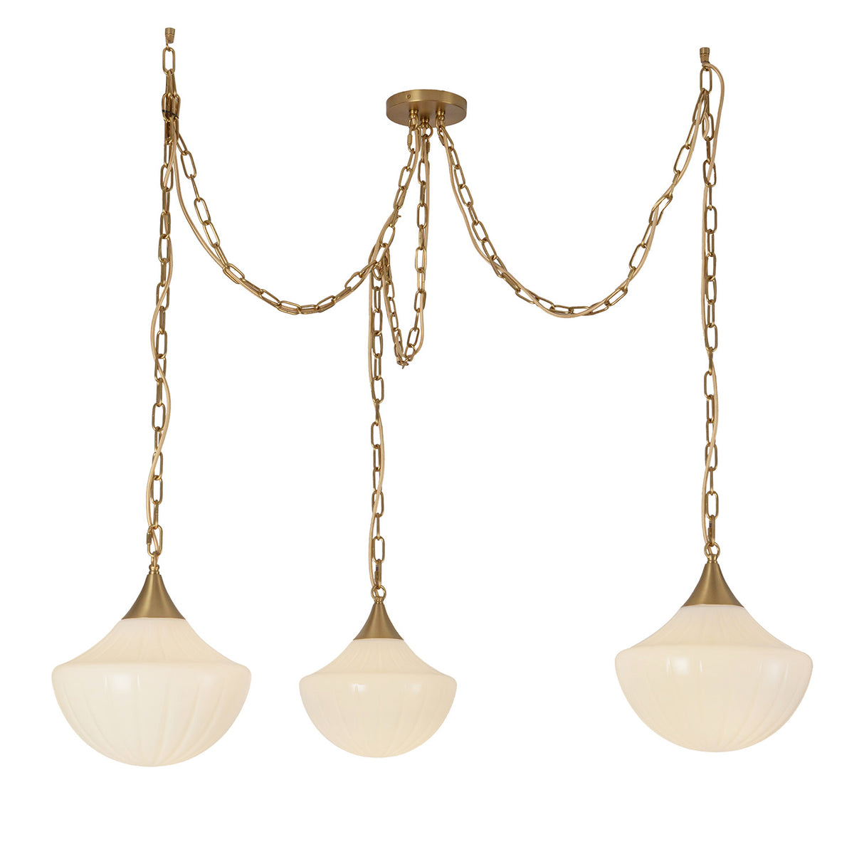 Reva 3 Light Swag Chandelier, Brushed Brass with Vintage Milk Glass