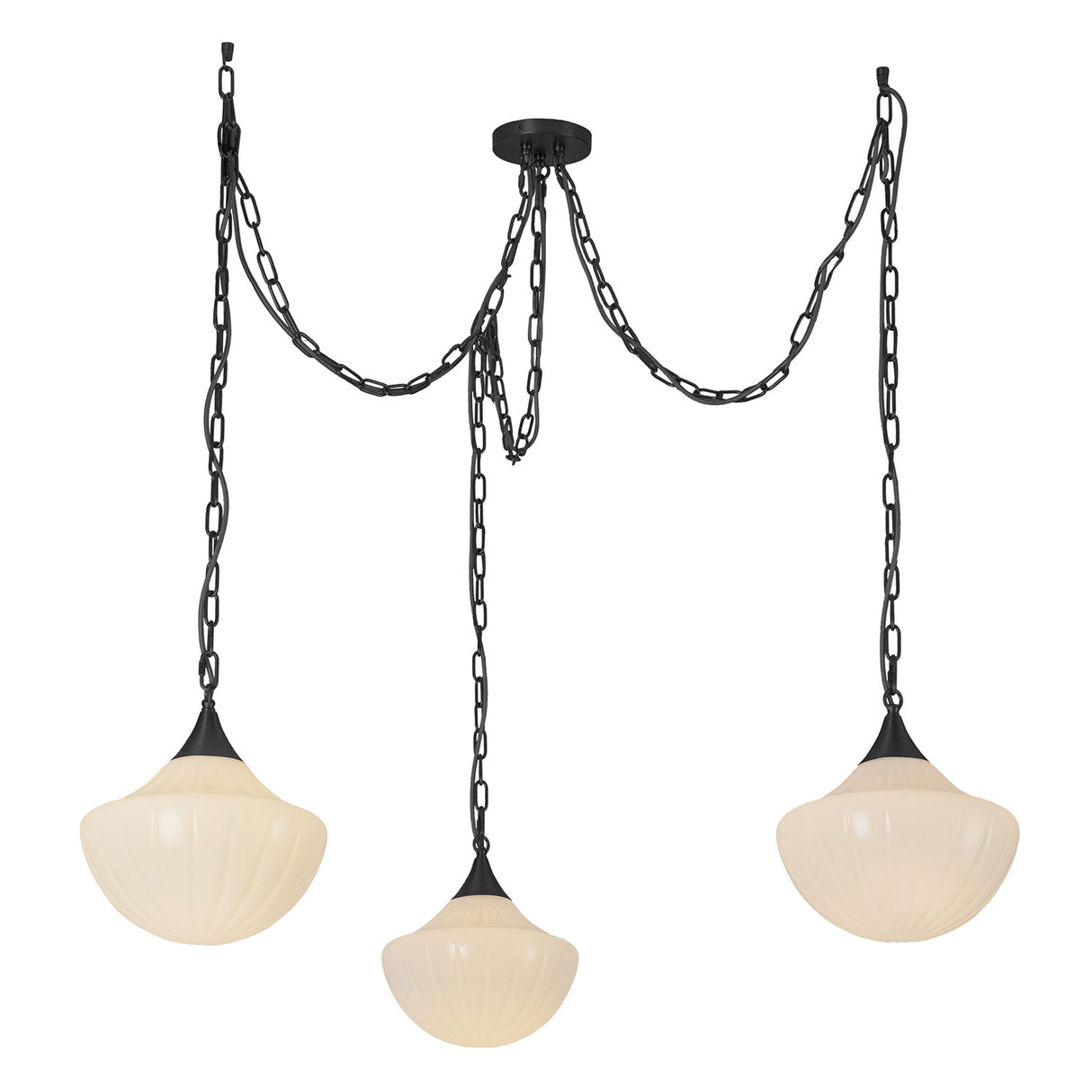 Reva 3 Light Swag Chandelier, Matte Black with Vintage Milk Glass