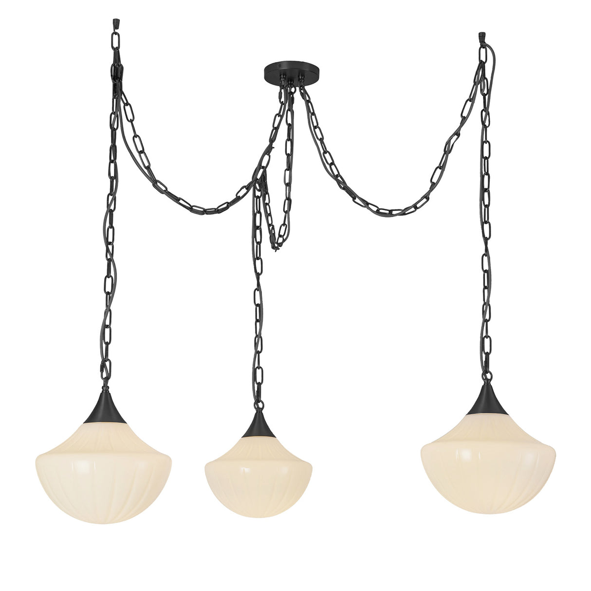 Reva 3 Light Swag Chandelier, Matte Black with Vintage Milk Glass